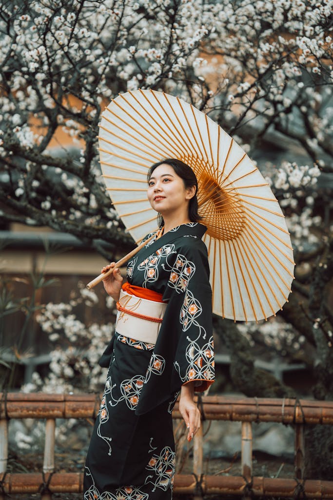 Woman in kimono holding an umbrella amidst blooming plum blossoms in Kyoto, Japan.